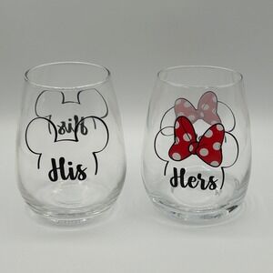 Set of 2 4.5" Disney His Hers Stemless Wine Glasses‎ Mickey Minnie Couple